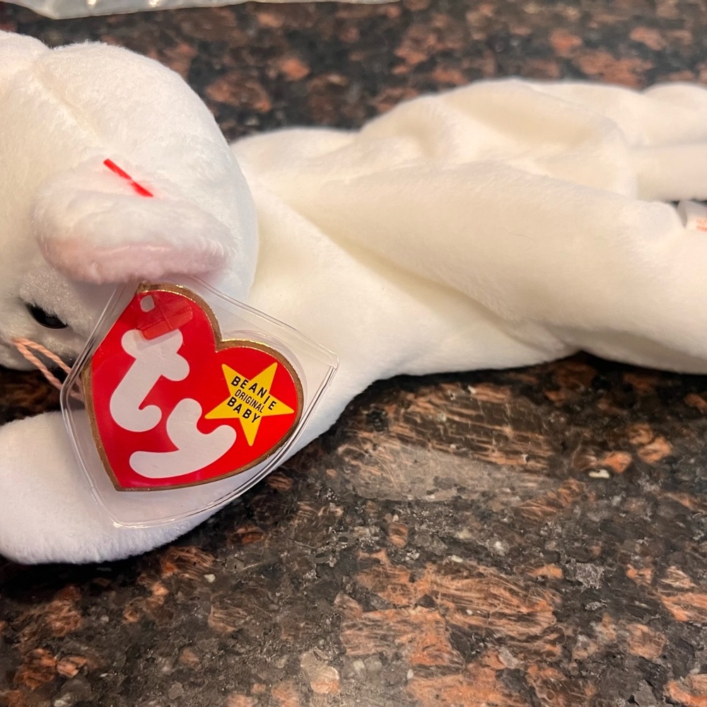 SOLD…Ty Flip Beanie Baby Plush White with Pink Trim Heart Tag